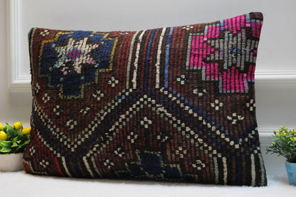 Handmade Turkish Kilim Pillow Cover: Upcycled Wool Lumbar Pillow (16x24 in)