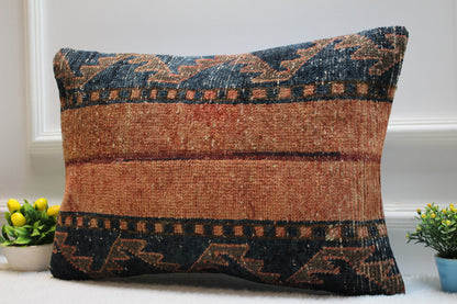 Handmade Kilim Lumbar Pillow Cover: Upcycled Woven Rug, Boho Home Decor (16x24 in)