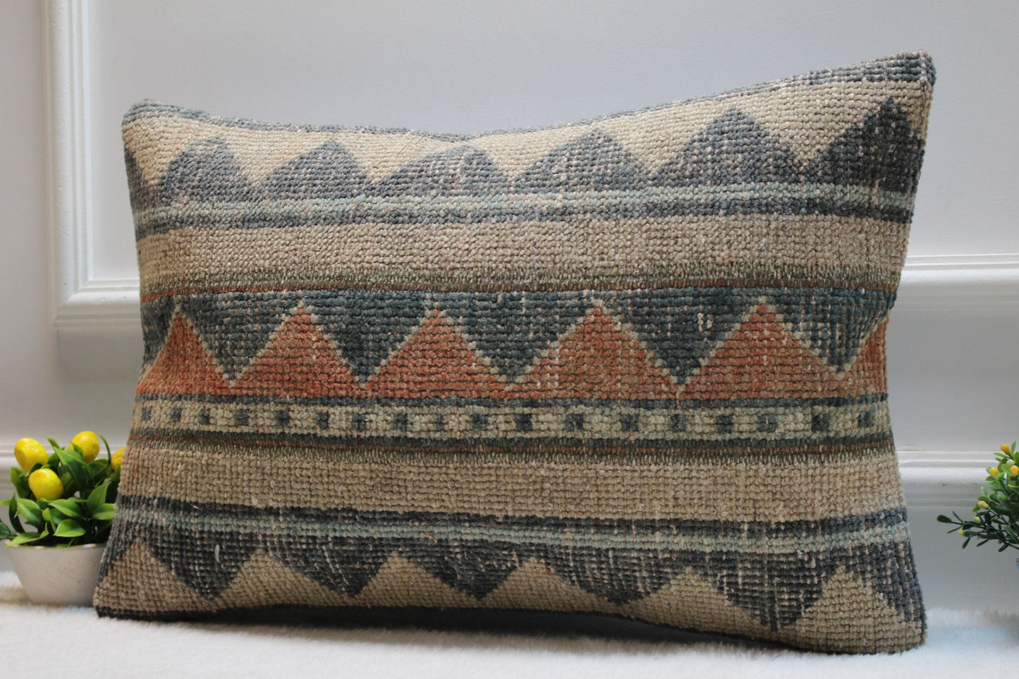 Handmade Turkish Rug Lumbar Pillow: Patchwork Boho Cushion Cover (16x24 in)