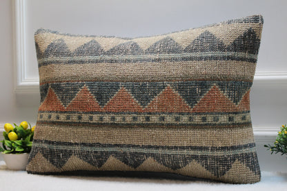 Handmade Turkish Rug Lumbar Pillow: Patchwork Boho Cushion Cover (16x24 in)