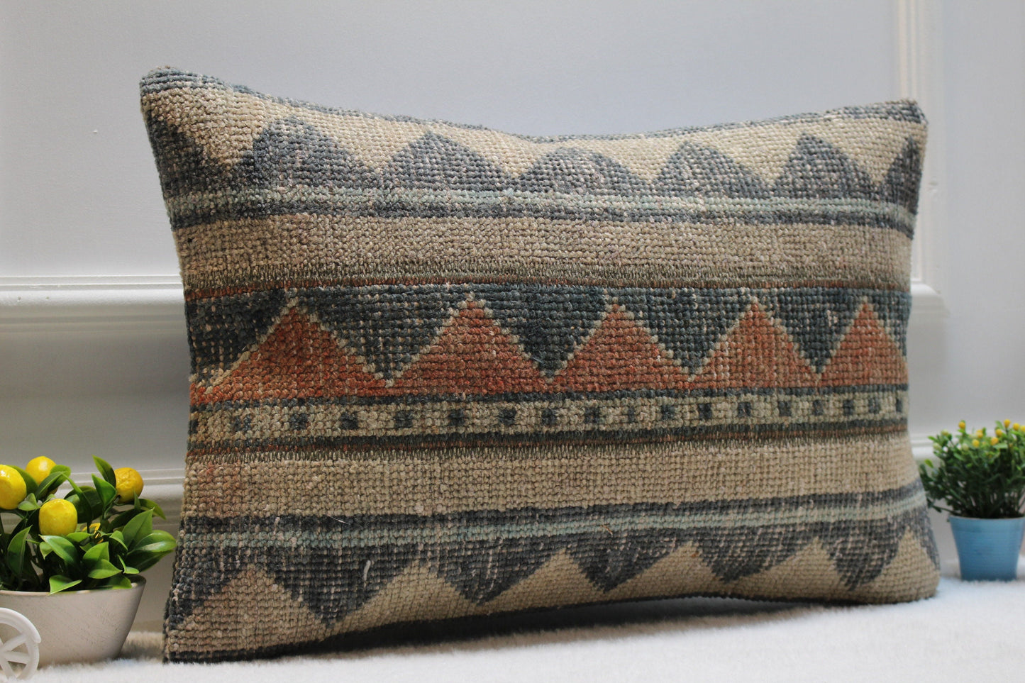 Handmade Turkish Rug Lumbar Pillow: Patchwork Boho Cushion Cover (16x24 in)