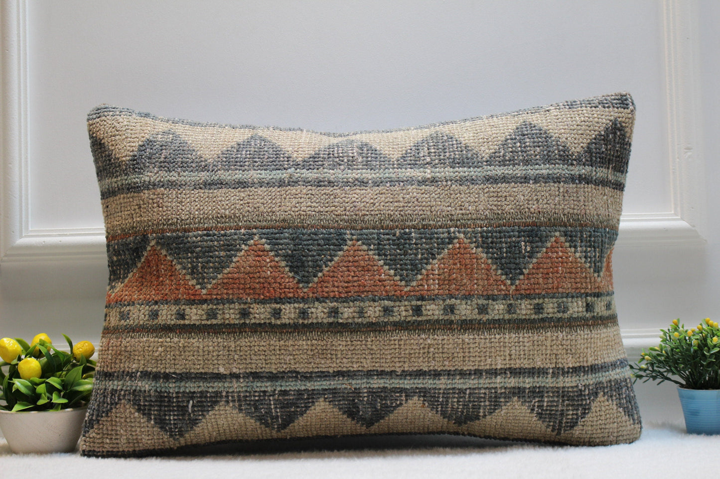 Handmade Turkish Rug Lumbar Pillow: Patchwork Boho Cushion Cover (16x24 in)