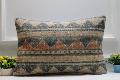 Handmade Turkish Rug Lumbar Pillow: Patchwork Boho Cushion Cover (16x24 in)