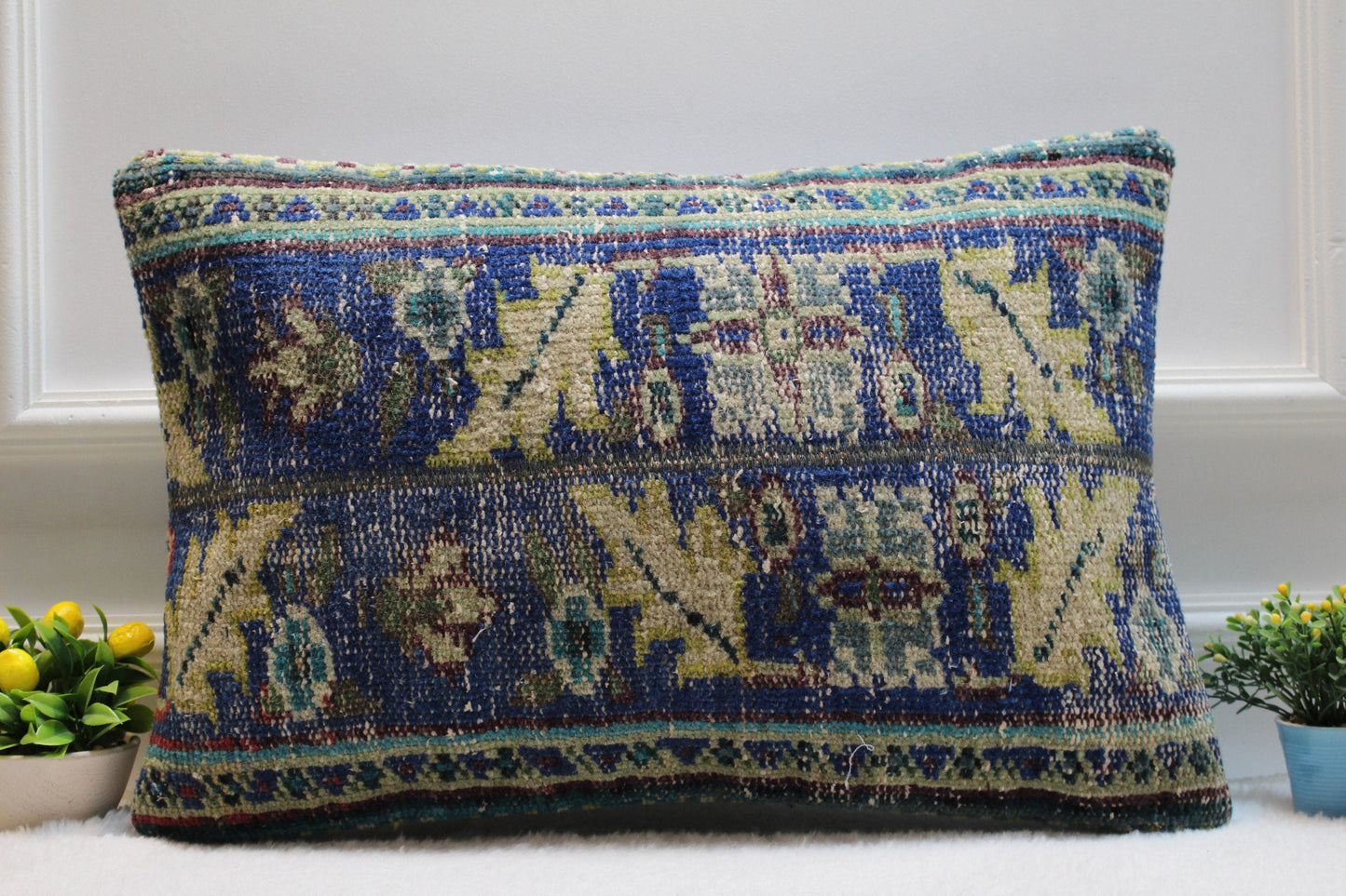 Handmade Kilim Lumbar Pillow Cover: Blue Vintage Rug, 16x24