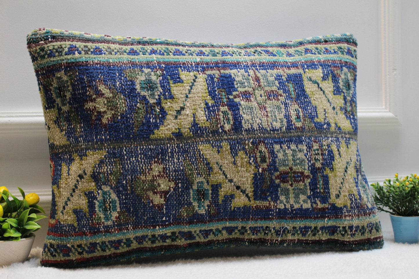 Handmade Kilim Lumbar Pillow Cover: Blue Vintage Rug, 16x24