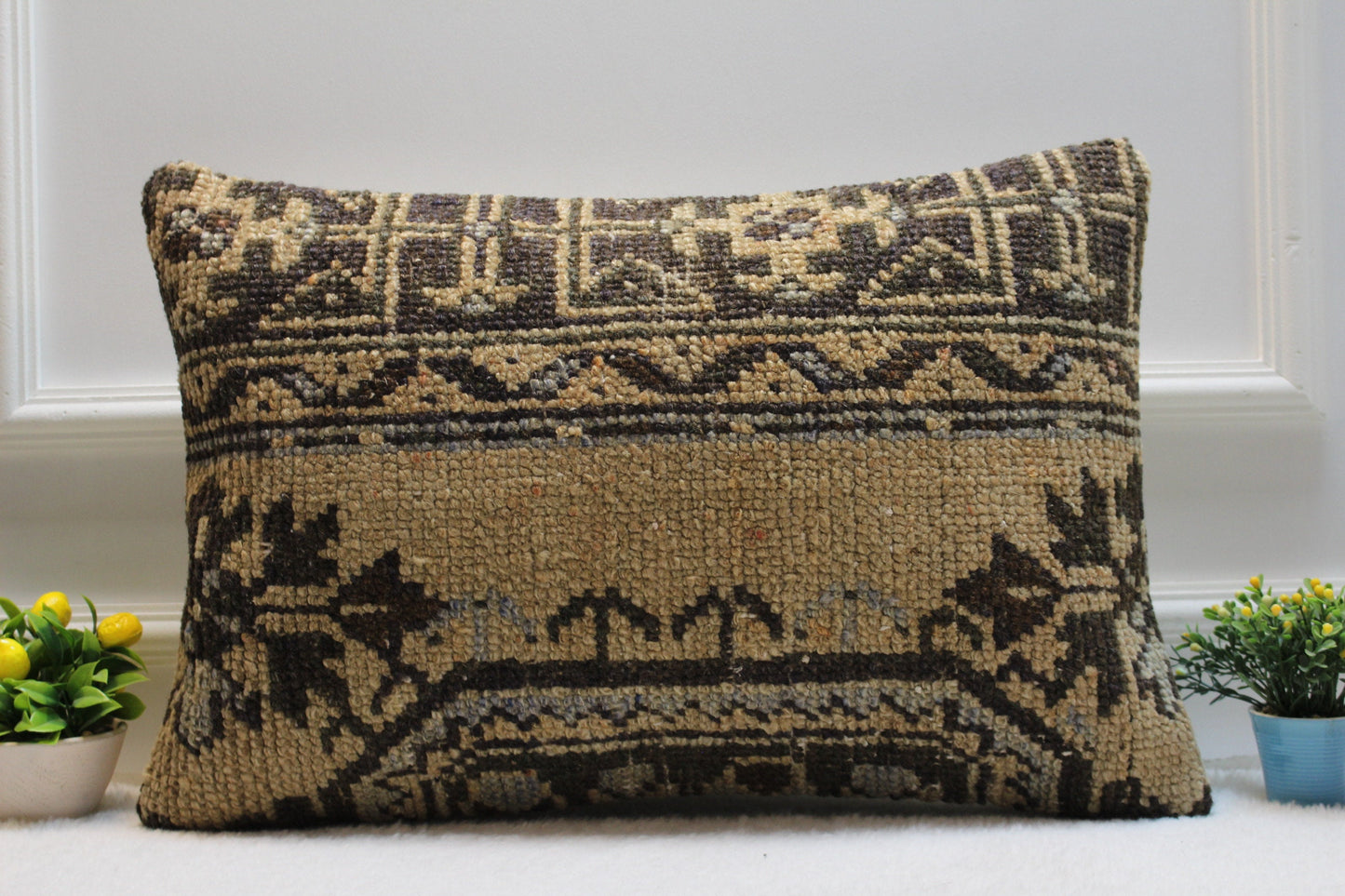Handmade Kilim Pillow Cover: Upcycled Woven Rug, Brown & Black (16x24 in)
