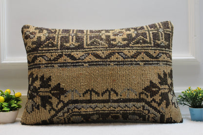 Handmade Kilim Pillow Cover: Upcycled Woven Rug, Brown & Black (16x24 in)