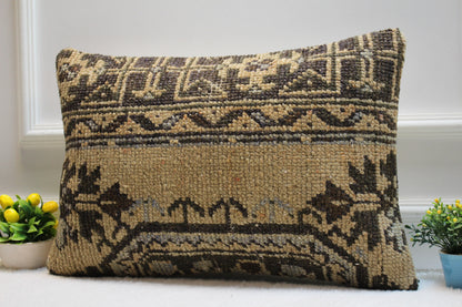 Handmade Kilim Pillow Cover: Upcycled Woven Rug, Brown & Black (16x24 in)