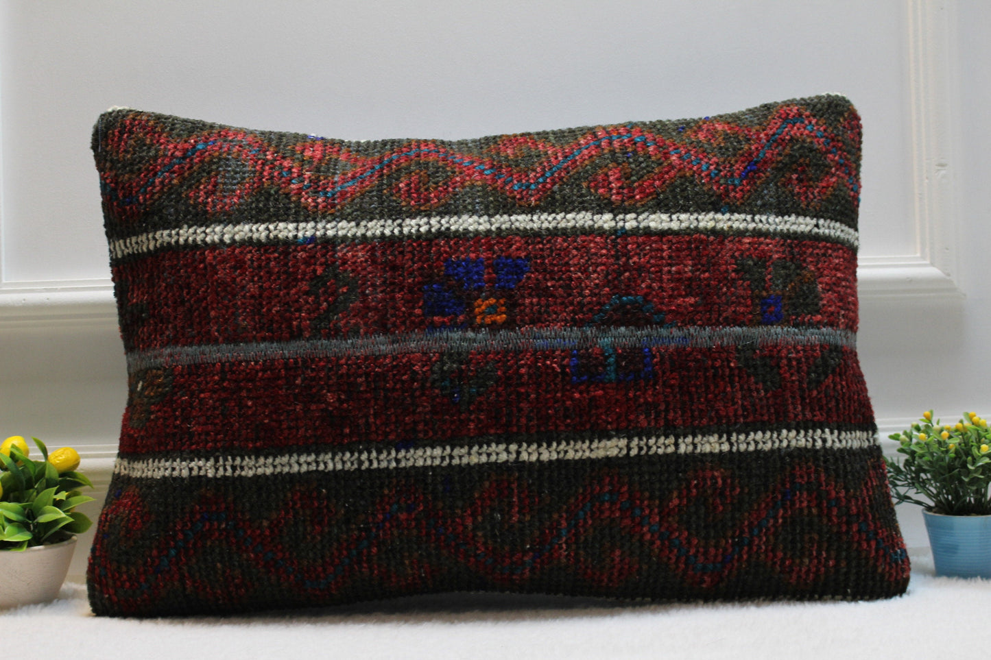 Handmade Kilim Lumbar Pillow Cover: Upcycled Woven Rug, Red 16x24 inch