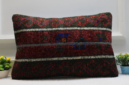 Handmade Kilim Lumbar Pillow Cover: Upcycled Woven Rug, Red 16x24 inch