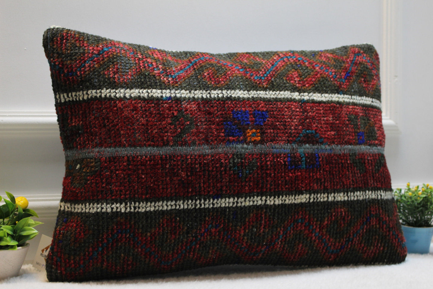 Handmade Kilim Lumbar Pillow Cover: Upcycled Woven Rug, Red 16x24 inch