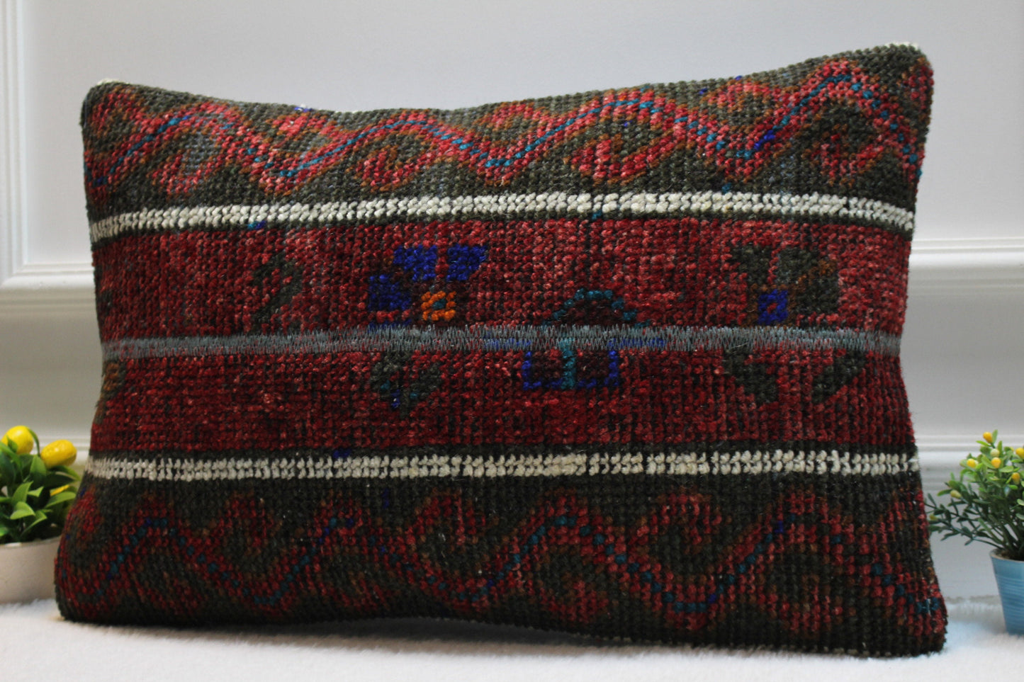 Handmade Kilim Lumbar Pillow Cover: Upcycled Woven Rug, Red 16x24 inch