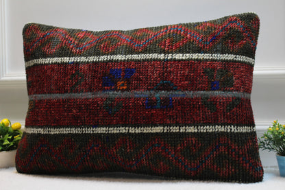 Handmade Kilim Lumbar Pillow Cover: Upcycled Woven Rug, Red 16x24 inch