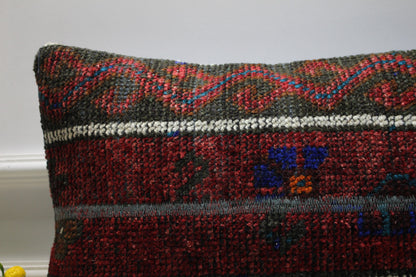 Handmade Kilim Lumbar Pillow Cover: Upcycled Woven Rug, Red 16x24 inch