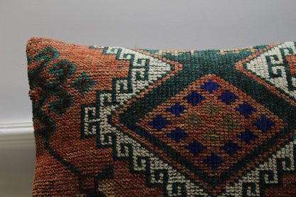 Vintage Turkish Rug Pillow Cover: Handmade Kilim Lumbar Pillow (16x24 in)