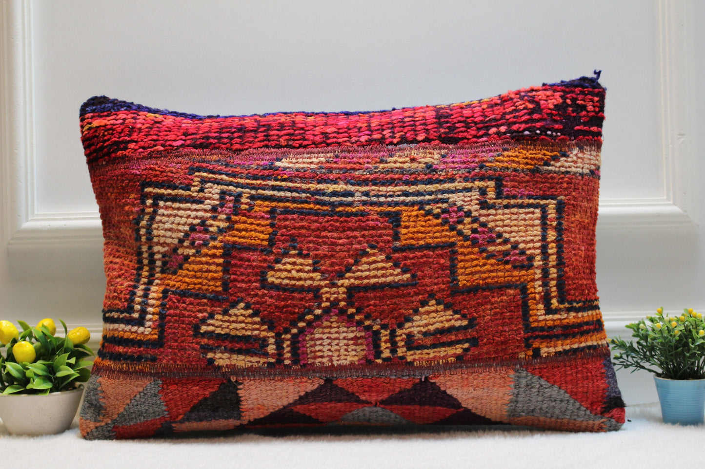 Handmade Kilim Lumbar Pillow Cover: Upcycled Woven Rug, Boho Home Decor (16x24 inc)
