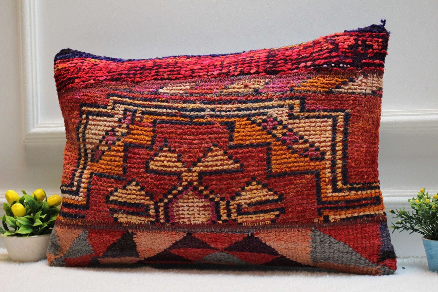 Handmade Kilim Lumbar Pillow Cover: Upcycled Woven Rug, Boho Home Decor (16x24 inc)