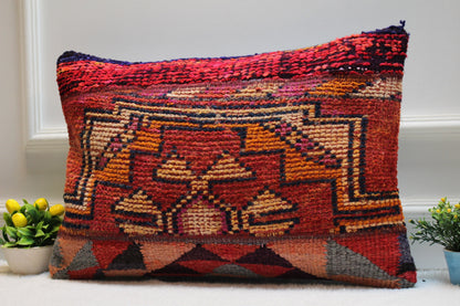 Handmade Kilim Lumbar Pillow Cover: Upcycled Woven Rug, Boho Home Decor (16x24 inc)