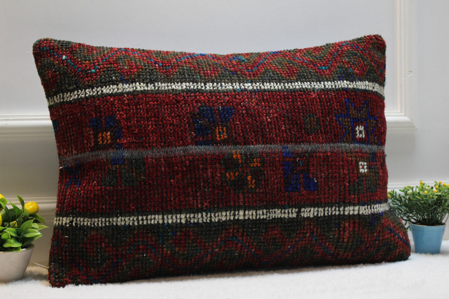Handmade Turkish Rug Lumbar Pillow Cover: Upcycled Kilim, 16x24 inch