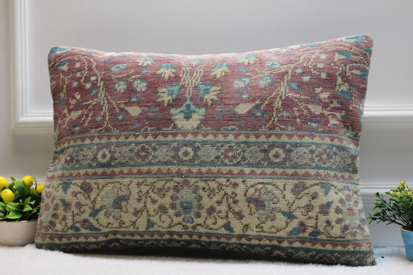 Handmade Turkish Kilim Lumbar Pillow Cover: Upcycled Rug, 16x24 inc