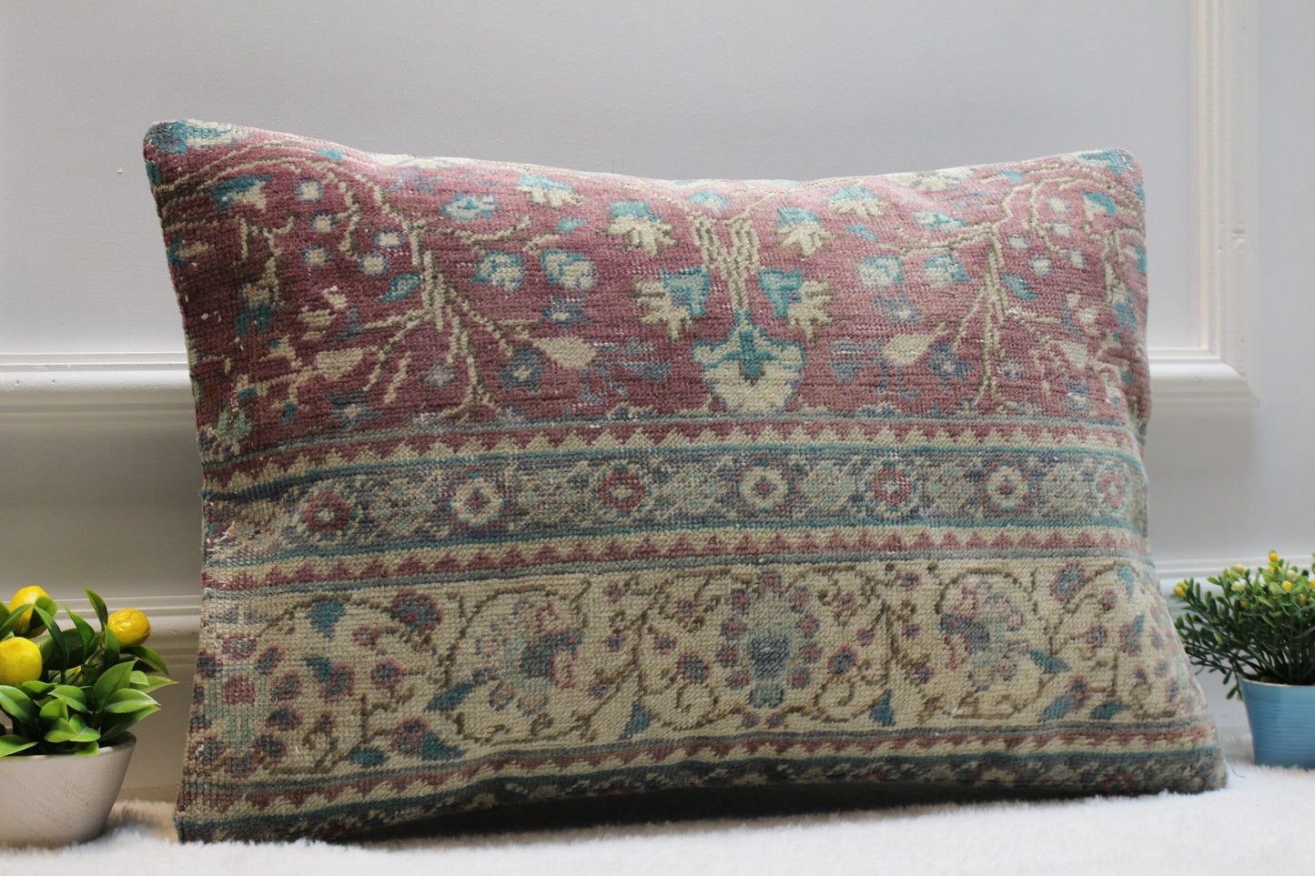 Handmade Turkish Kilim Lumbar Pillow Cover: Upcycled Rug, 16x24 inc