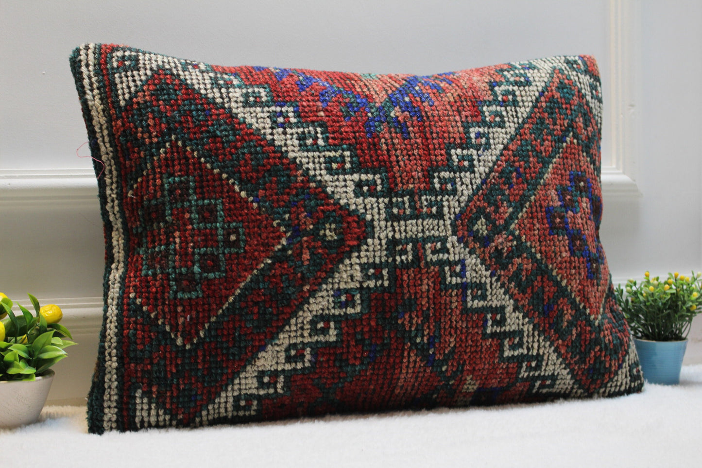 Vintage Turkish Rug Lumbar Pillow Cover: 16x24 Red Beige Kilim Pillow