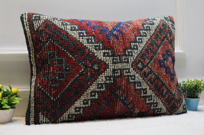 Vintage Turkish Rug Lumbar Pillow Cover: 16x24 Red Beige Kilim Pillow