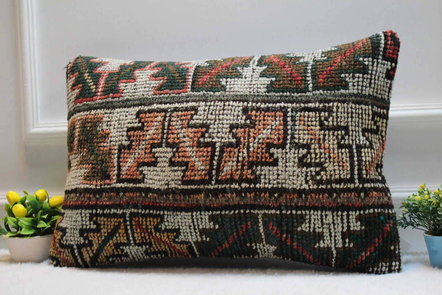 Handmade Kilim Lumbar Pillow Cover: Upcycled Woven Rug, Boho Decor (16x24 in)