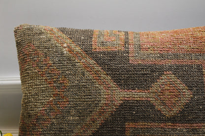 Handmade Kilim Lumbar Pillow Cover: Upcycled Woven Rug, Boho Design (16x24 in)