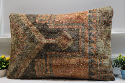 Handmade Kilim Lumbar Pillow Cover: Upcycled Woven Rug, Boho Design (16x24 in)