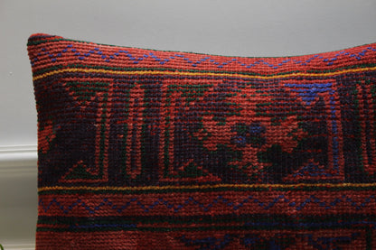 Handmade Red Kilim Pillow Cover: Upcycled Woven Rug, Boho Home Decor (16x24 inc)