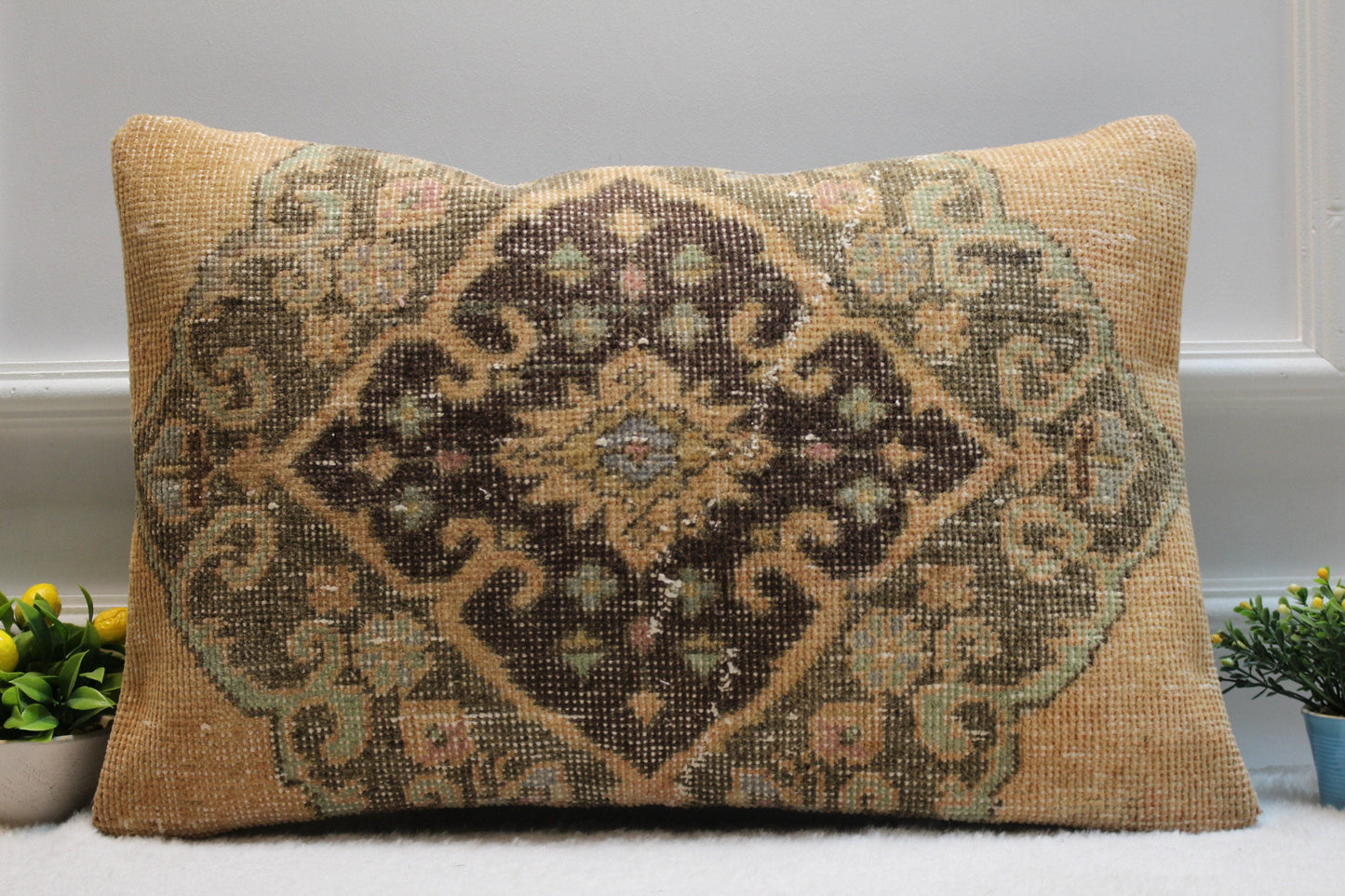 Handmade Kilim Lumbar Pillow Cover: Upcycled Woven Rug, Beige Brown (16x24 in)