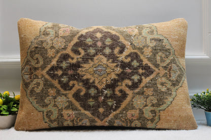 Handmade Kilim Lumbar Pillow Cover: Upcycled Woven Rug, Beige Brown (16x24 in)