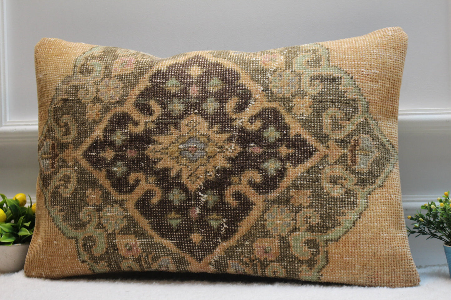 Handmade Kilim Lumbar Pillow Cover: Upcycled Woven Rug, Beige Brown (16x24 in)