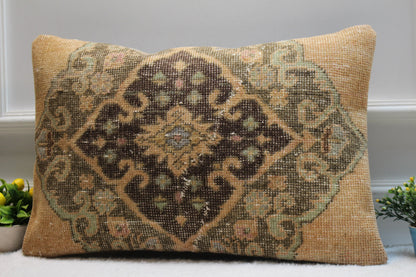 Handmade Kilim Lumbar Pillow Cover: Upcycled Woven Rug, Beige Brown (16x24 in)