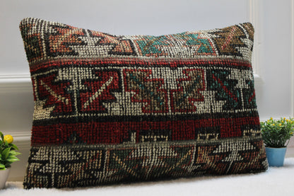 Handmade Kilim Lumbar Pillow Cover: Geometric Boho Rug Pillow (16x24 inc)