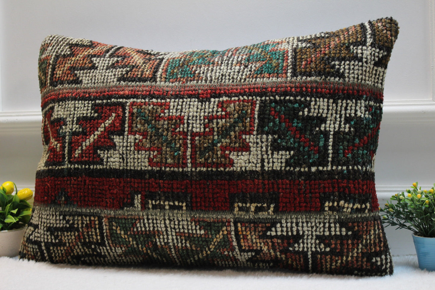 Handmade Kilim Lumbar Pillow Cover: Geometric Boho Rug Pillow (16x24 inc)