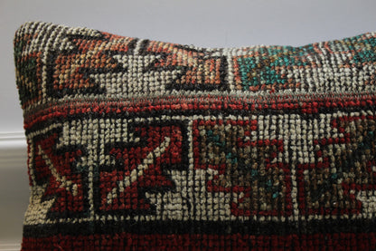 Handmade Kilim Lumbar Pillow Cover: Geometric Boho Rug Pillow (16x24 inc)