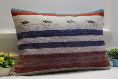 Handmade Kilim Lumbar Pillow Cover: Striped Woven Wool, 16x24