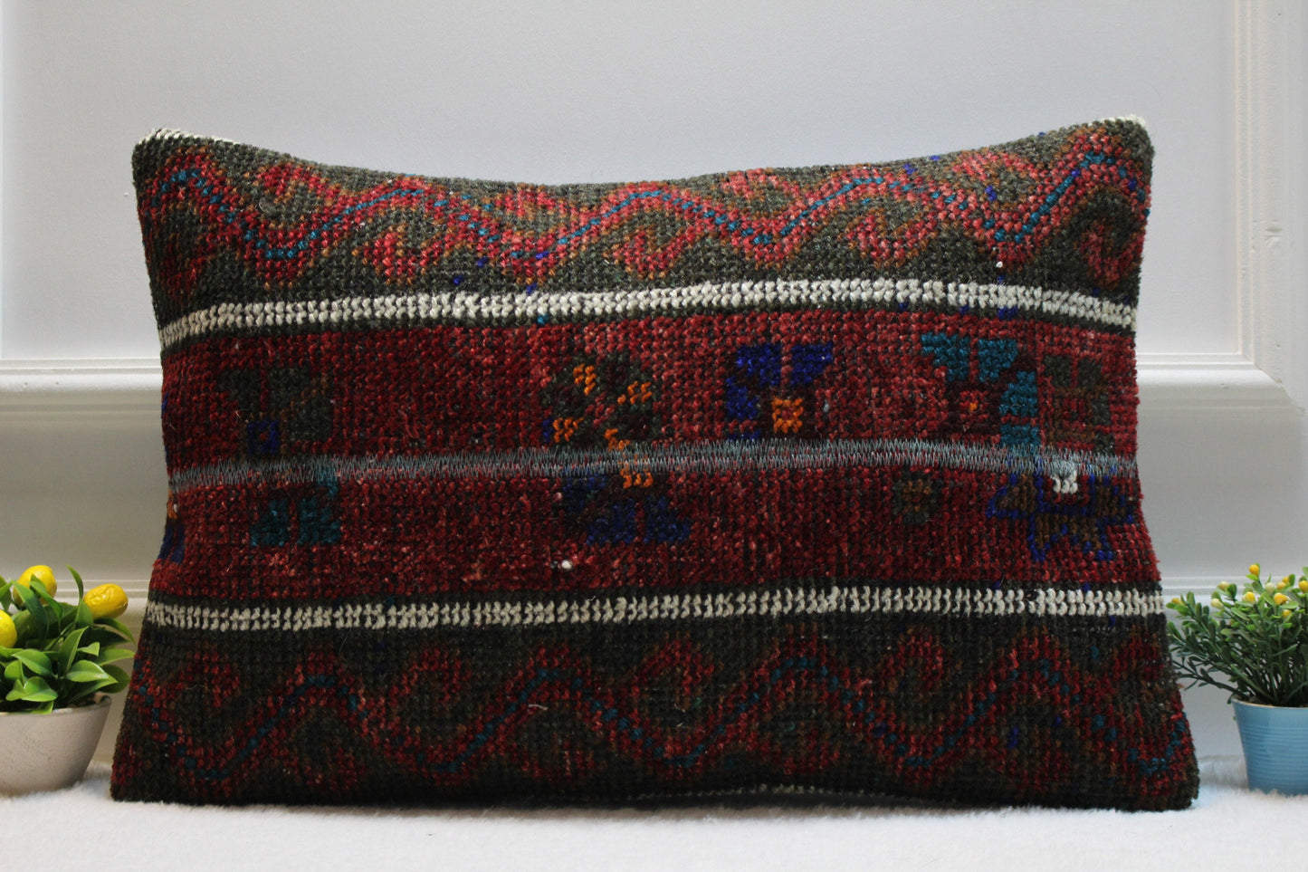 Handmade Kilim Pillow Cover: Upcycled Woven Rug, Red & Black (16x24 in)