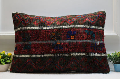 Handmade Kilim Pillow Cover: Upcycled Woven Rug, Red & Black (16x24 in)