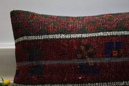 Handmade Kilim Pillow Cover: Upcycled Woven Rug, Red & Black (16x24 in)