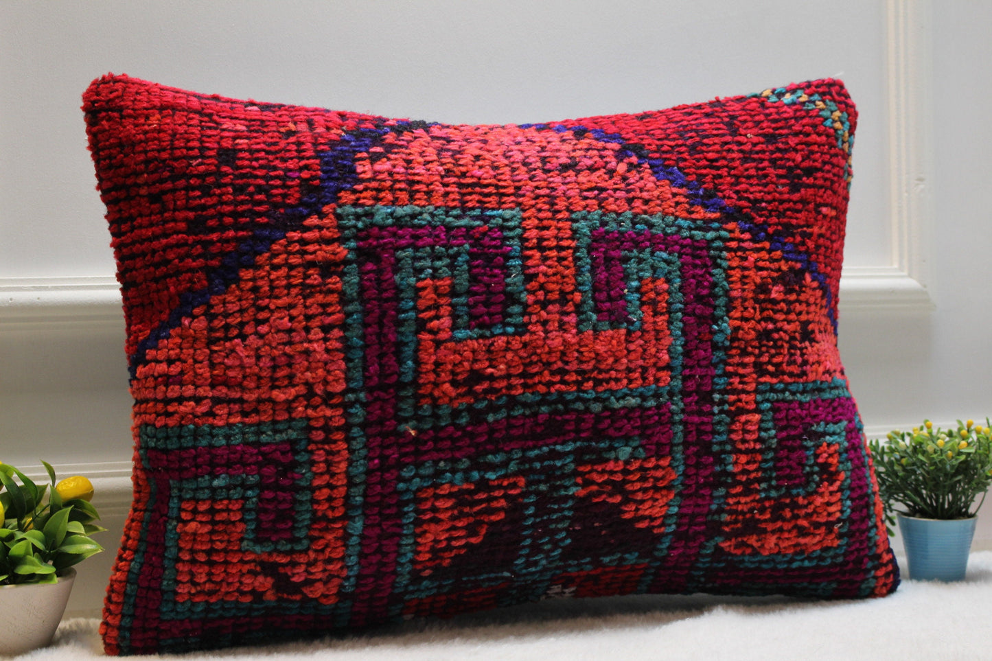 Handmade Kilim Lumbar Pillow Cover: Ethnic Boho Rug Pillow (16x24 inc)