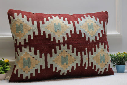 Geometric Kilim Lumbar Pillow Cover: Vintage Turkish Rug, 16x24 inch