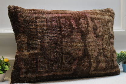Handmade Brown Turkish Rug Pillow: Vintage Wool Lumbar Cover (16x24 in)
