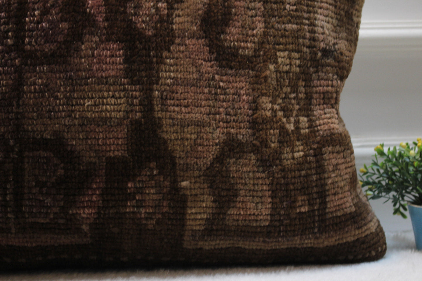 Handmade Brown Turkish Rug Pillow: Vintage Wool Lumbar Cover (16x24 in)