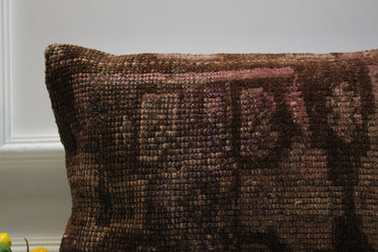 Handmade Brown Turkish Rug Pillow: Vintage Wool Lumbar Cover (16x24 in)