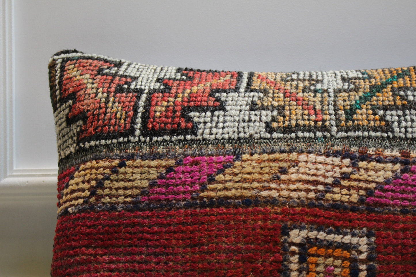 Handmade Red Kilim Pillow Cover: Upcycled Woven Rug, 16x24 inch