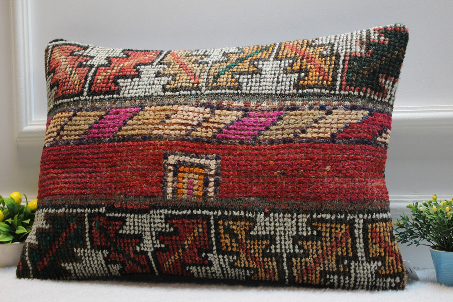 Handmade Red Kilim Pillow Cover: Upcycled Woven Rug, 16x24 inch