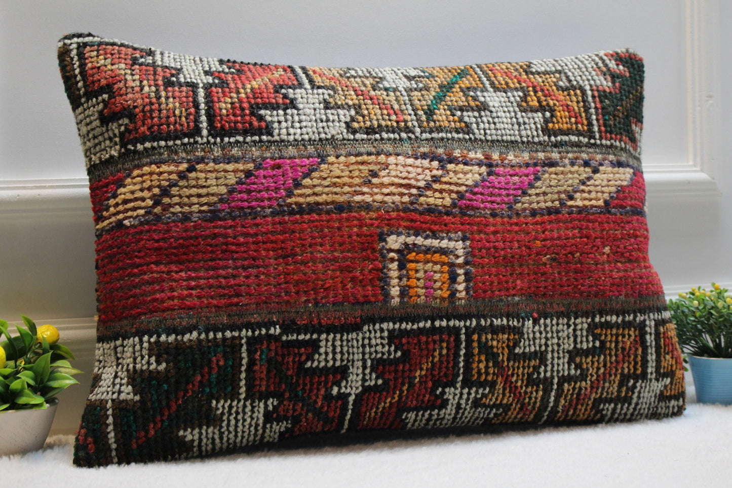 Handmade Red Kilim Pillow Cover: Upcycled Woven Rug, 16x24 inch